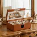 Jewelry Safe, Biometric Fingerprint Safe, Leather Wrapped Jewelry Box with Lock & Mirror, Ultra-Lightweight Jewelry Box Suitable for Home Use & On-the-Go(Three-Tier Brown)