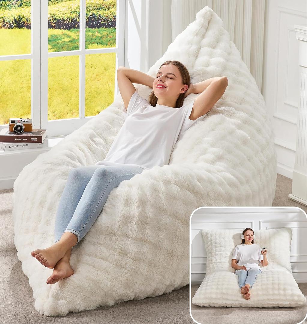 Hobestluk 3 in 1 Bean Bag Chair Giant Bean Bag Chairs for Adults with Bubble Cover Convertible Bean Bag Floor Cushion with Machine Washable Cover for Living Room (Bubble White), Large