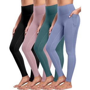 NORMOV 4 Packs Yoga Leggings with Pockets for Women, Soft High Waisted Tummy Control Workout Pants (3X-Large, 4packs(black,blue,bean Green,pink))