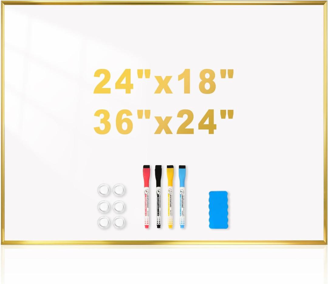Magnetic Whiteboard, 24"x18" Gold Aluminum Frame Dry Erase White Board for Wall, Hanging Wipe Board with 6 Magnets, 4 Markers & 1 Eraser for Home, Office, School