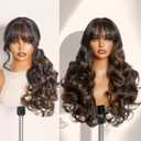 GORGIUS Glueless Wavy Wig with Bangs Highlight Brown Synthetic Curtain Bang Wig with Realistic Scalp 22 Inch (#2B30 Brown HighlightsBody Wave)