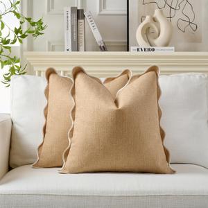 Scalloped Pillow Covers Set of 2 for Living Room | Decorative Sofa Couch Pillows | Boho Sytle Decorative Home | Aesthetic Funky Preppy Pillow Cases (Khaki & White, 18x18 Inch)