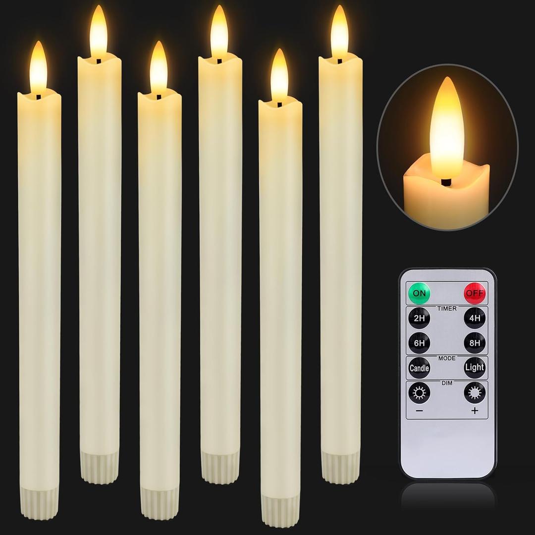 HINZER 6 Pcs Flameless Taper Candles with Remote & Timer 9.6 inch Real Wax Battery Operated LED Warm 3D Wick Flickering Window Candles for Halloween Christmas Wedding Decor, Ivory HINZER 6 Pcs Flameless Taper Candles with Remote & Timer 9.6 inch Real Wax Battery Operated LED Warm 3D Wick Flickering Window Candles for Halloween Christmas Wedding Decor, Ivory