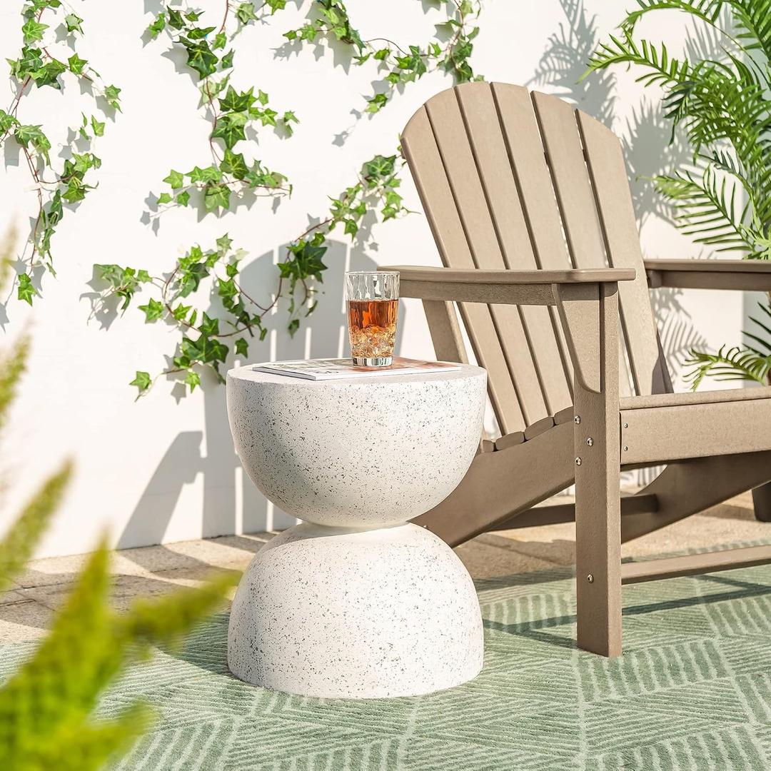 Glitzhome Outdoor Side Table, Round Accent End Table, Lightweight Hourglass Faux Terrazzo Decorative Garden Stool, 17.75" H White Planter Stand for Patio Porch Balcony Living Room, 1 Pc