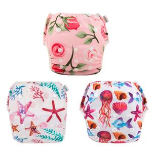 Babygoal Baby & Toddler Girl and Boy Swim Diapers, Reusable Adjustable Washable One Size Fits 6M-3T Gifts and Swimming Lessons 3 Pack 3ZSD06 (Large, Jellyfish & Seastar)