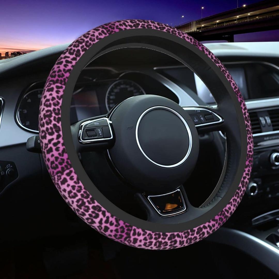 Purple Cheetah Leopard Print Steering Wheel Cover, Non Slip Durable Auto Car Accessories Universal 15 Inch