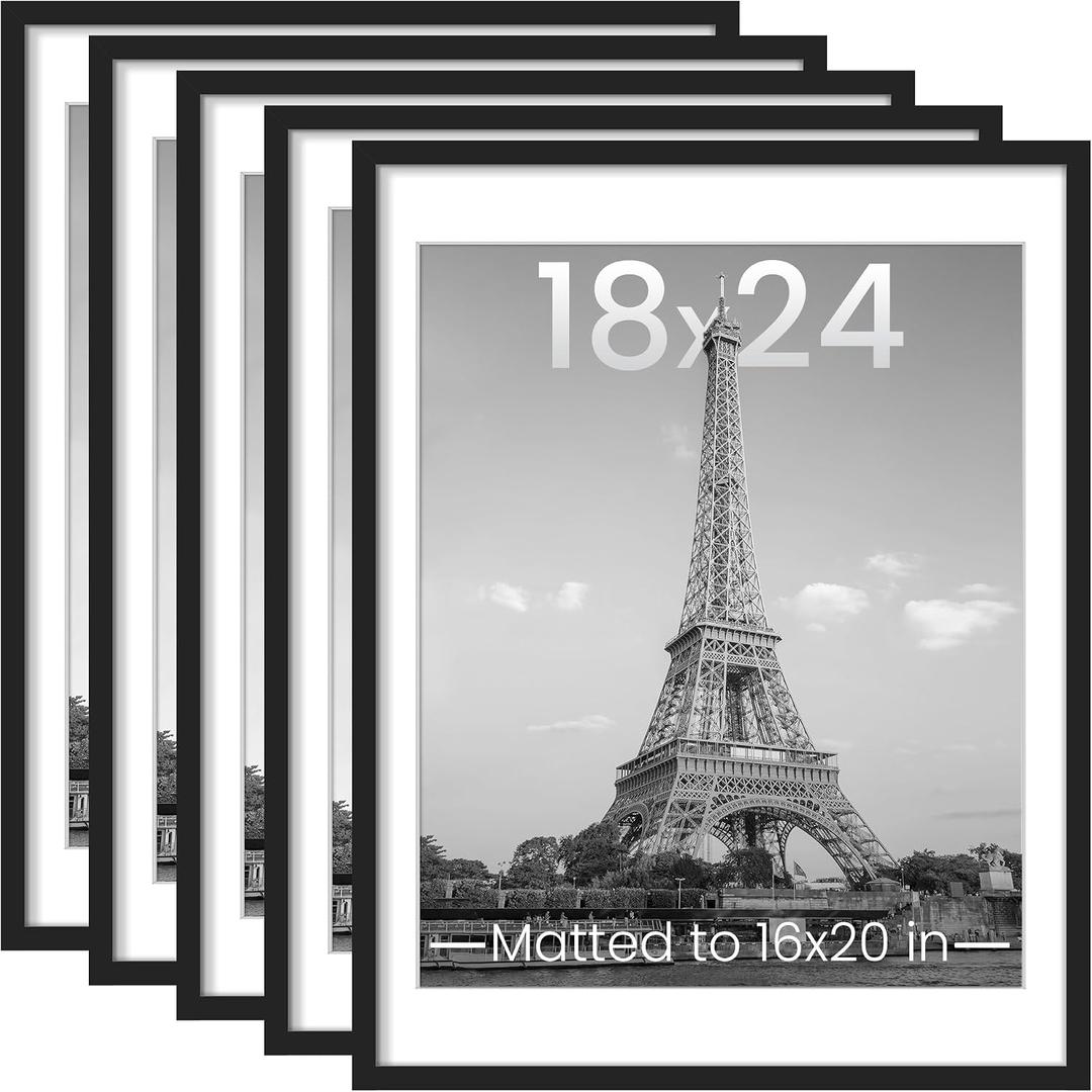 Upsimples 18x24 Picture Frame Set of 5, Display Pictures 16x20 with Mat or 18 x 24 Without, Wall Gallery Poster Frames, Black