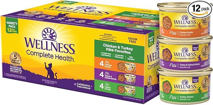 Wellness Complete Health Pate Variety Pack Adult Canned Wet Cat Food, Natural, Protein Rich, Grain Free, Chicken and Turkey Favorites, 3 oz, Pack of 12 Cans (Best By Sep. 25, 2028)