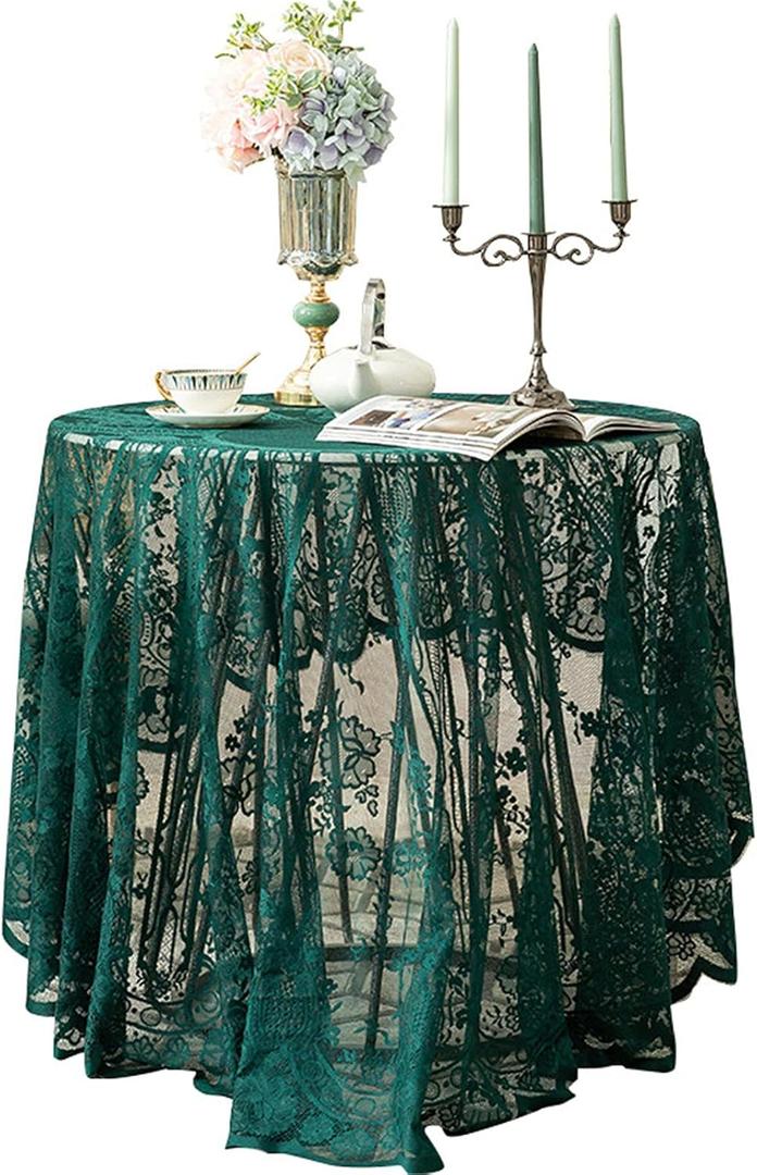 Green Lace Tablecloth Embroidered Elegant Floral Patterns Table Cloth Round Overlay Table Cover for Wedding Party Holiday Long Dinner Home Decor(Round-60, Green)