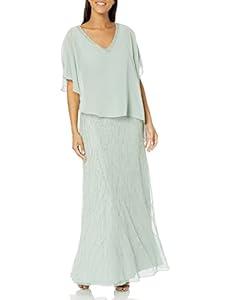 J Kara Women's Plus Size Beaded Bottom V-Neck Sheer Capelet Gown, Celadon/ Multi, 16W 