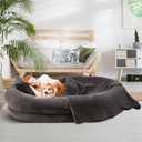 Human Dog Bed for Adults, 71"x51"x12" Washable Orthopedic Size, Faux Fur Removable, Cozy Large Present with Blanket and Pillow, Dark Grey