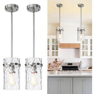 5.5" Brush Nickel Hammered Glass Pendant Light Fixtures, Brushed Nickel Kitchen Pendant Lights, Modern Kitchen Island Light Dining Room Light Farmhouse Island Lights Sink 2 Pack