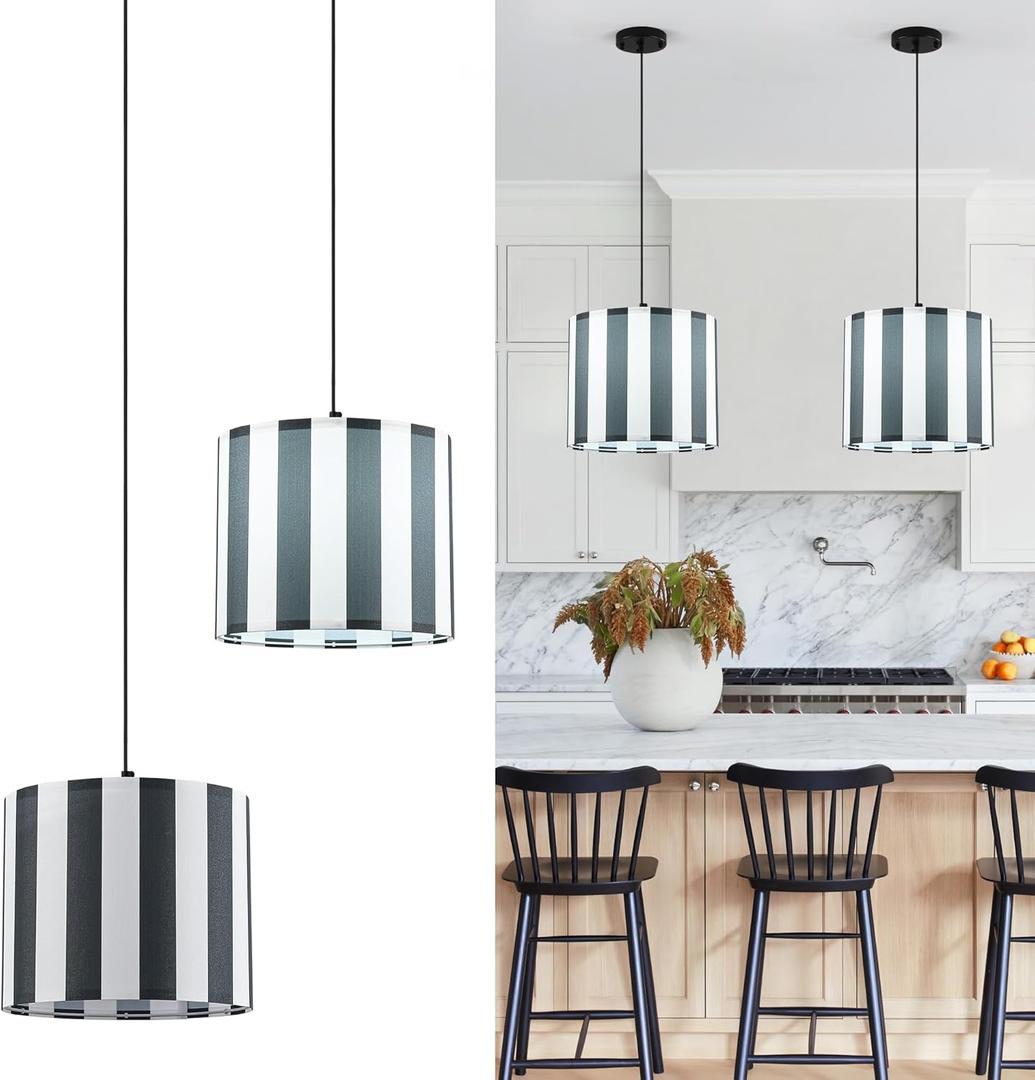 Pendant Lights Kitchen Island 2 Pack, 12.6" Modern Fabric Linen Pendant Light Fixtures for Dining Room Bedroom Entryway Foyer Lighting Fixture, Black and White Striped Hanging Light Fixture