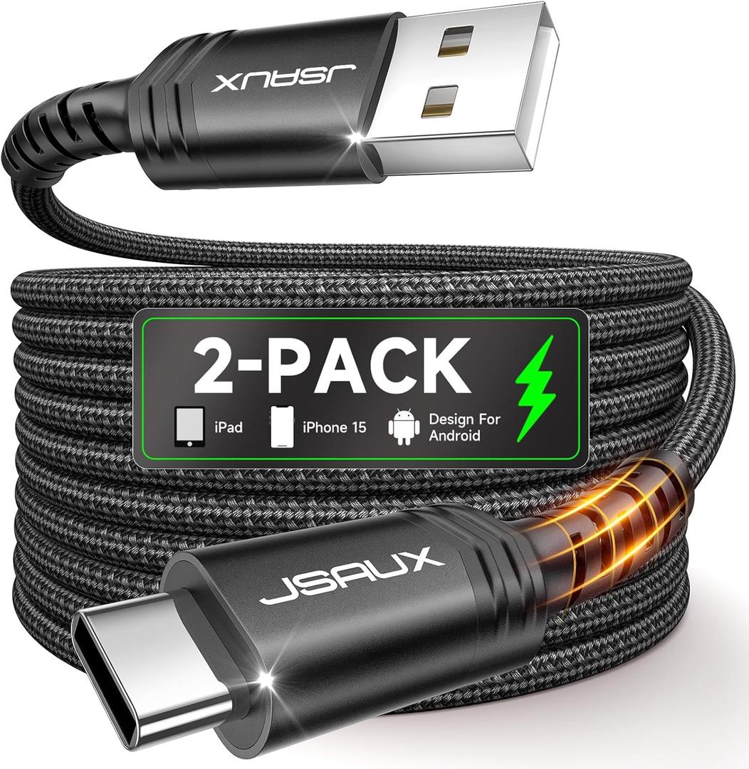 JSAUX USB C Cable [2-Pack 6.6ft], USB A to USB Cord 3.1A Fast Charging Compatible with iPhone 16/16 Plus/16 Pro/16 Pro Max/iPhone 16e/iPhone 15 Series, Samsung S20 S10 S9, Note 20 10, Car Play - Black