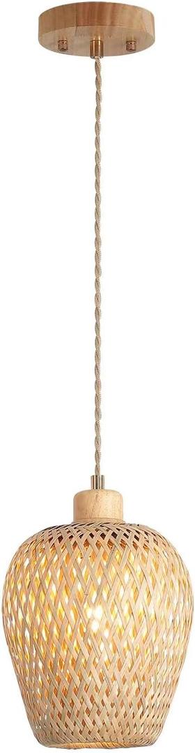 Bamboo Pendant Light Fixture One-Light Adjustable Boho Basket Handmade Woven Mini Pendant Lighting for Kitchen Island Sink Farmhouse Home