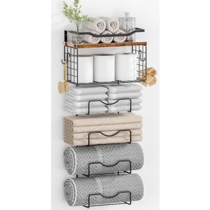 Towel Racks for Bathroom,Towel Rack Wall Mounted, 6 Tier Rolled Or Folded Towel Holder with Floating Shelves, Bathroom Towel Holder for Bath, Hand Towels,Metal and Wood