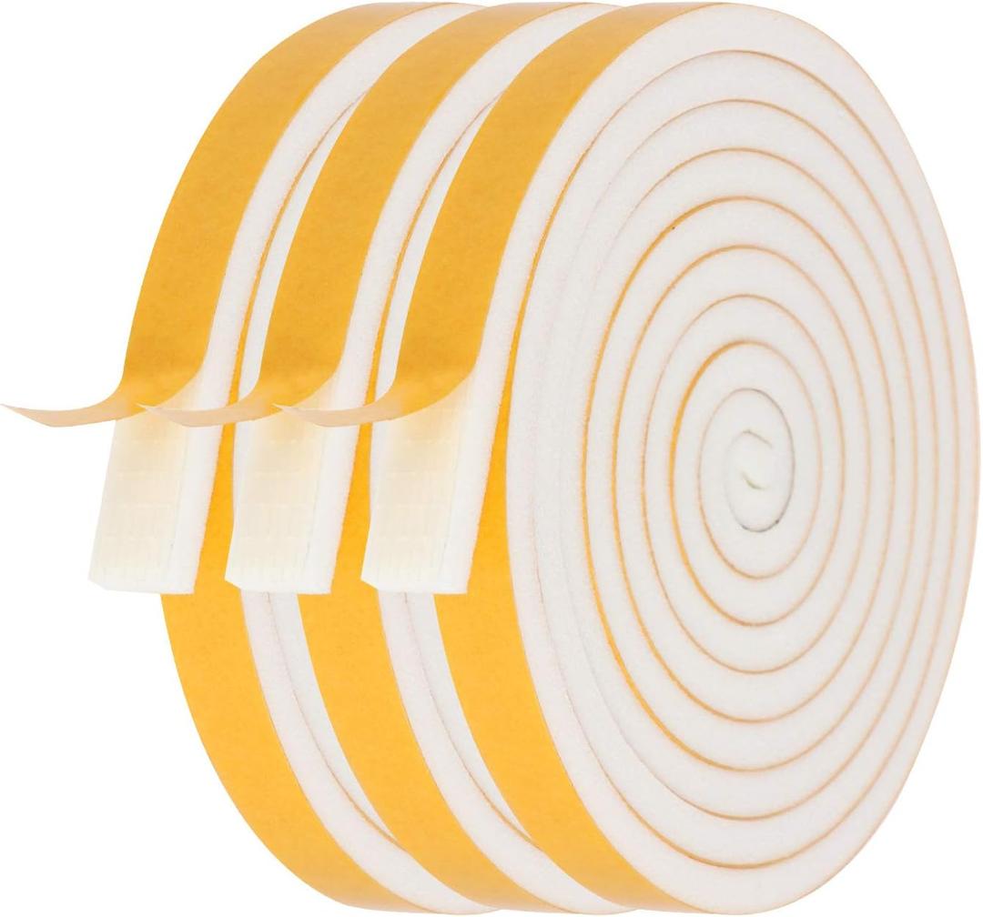 Weather Stripping Door Seal-3 Rolls,1/2 Inch Wide X 1/4 Inch Thick Total 20 Feet Long, Adhesive Soundproof Foam weatherstrip for Window Insulation(6.5ft x 3 Rolls) (White)