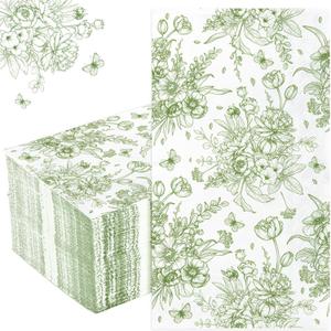 Green Floral Paper Napkins - 100Pack, 2Ply | Wildflower Disposable Guest Hand Towels, Garden Party, Wedding, Bridal Shower, Baby Shower, Tea Party Decor