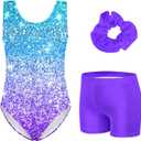 Vogseek Leotards for Girls Gymnastics Unitards Biketards 3 Piece Ballet Set 5-12 Years (7-8 Years, 2b Blue Purple)
