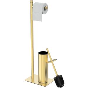 RUACQ Toilet Paper Holder Stand with Toilet Brush and Holder Set, 304 Stainless Steel Bathroom Toilet Tissue Paper Roll Holder Free Standing, Weighted Base, Heavy Duty (Brushed Gold)