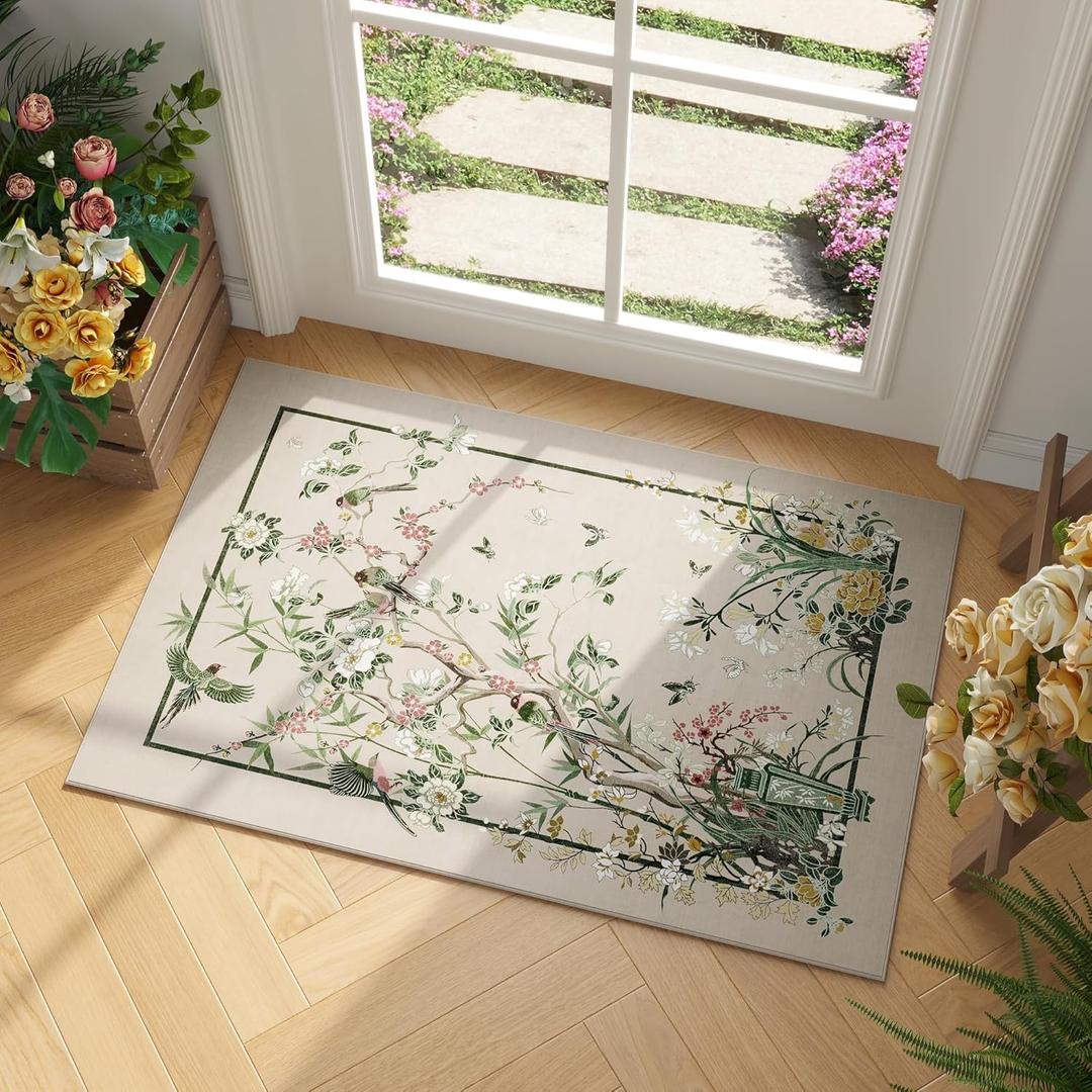 Door Mat Indoor Entrance 2x3 Rug Chinoiserie-Style Floral Vintage Machine Washable Small Area Rug Non-Slip Low Pile Throw Rugs for Entryway, Kitchen, Front Door, Entry, Kids Room, Beige