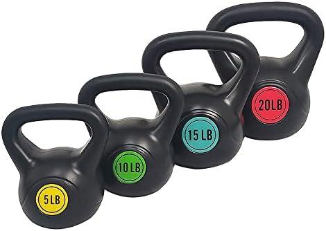 BalanceFrom Vinyl Kettlebell Set, 5/10/15/20 Pound Options – Cement-Filled Strength Training Weights with Ergonomic Grip and Color Coding for Full Body Fitness at Home or Gym