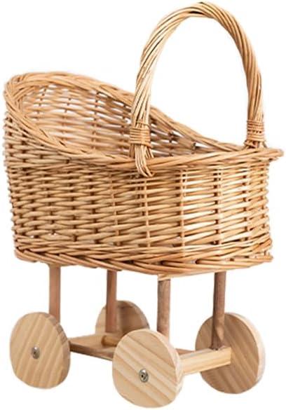 Wicker Stroller Flower Basket,Woven Rattan Pushcart Planter Basket for Wedding Baby Shower Centerpiece Candy Storage Home Decor (Small)