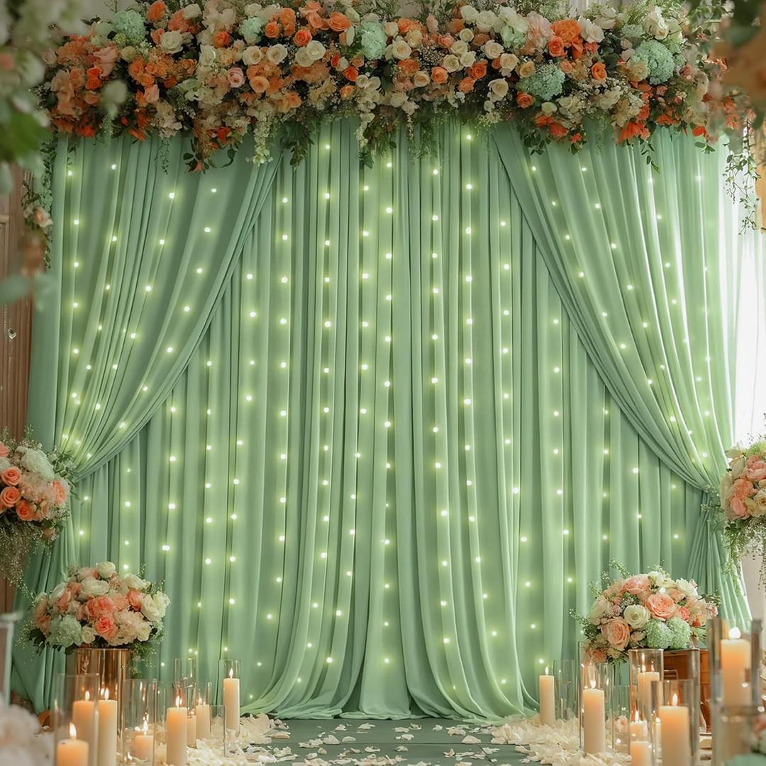 Sage Green Backdrop Curtains with Lights,10x10FT Wrinkle Free Polyester Wedding Photo Backdrop Curtains for Baby Shower Birthday Ceremony Reception Home Party Decorations-5ft x 10ft,2 Panels