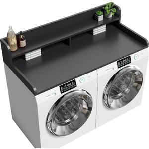 2-Tier Washer Dryer Countertop with 2.75" H Edge Rails, 58" W x 28" D Laundry Countertop for Folding Clothes, Washer and Dryer Topper with Non-Slip Pad (Black)