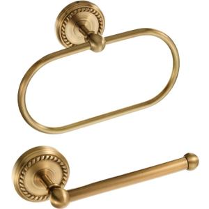 2 Pcs Antique Brass Toilet Paper Holder, Brass Towel Ring, Bathroom Wall Mount Vintage Gold Tissue Roll Holder & Hand Towel Ring, Exquisite Pattern Carving Bathroom Accessories
