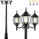 PARTPHONER Outdoor Lamp Post Light 3-Head, Classic Black with Clear Glass Panels, E26 Base Maximum 100W (3 LED Bulbs Included), Waterproof Street Light for Backyard, Garden, Driveway