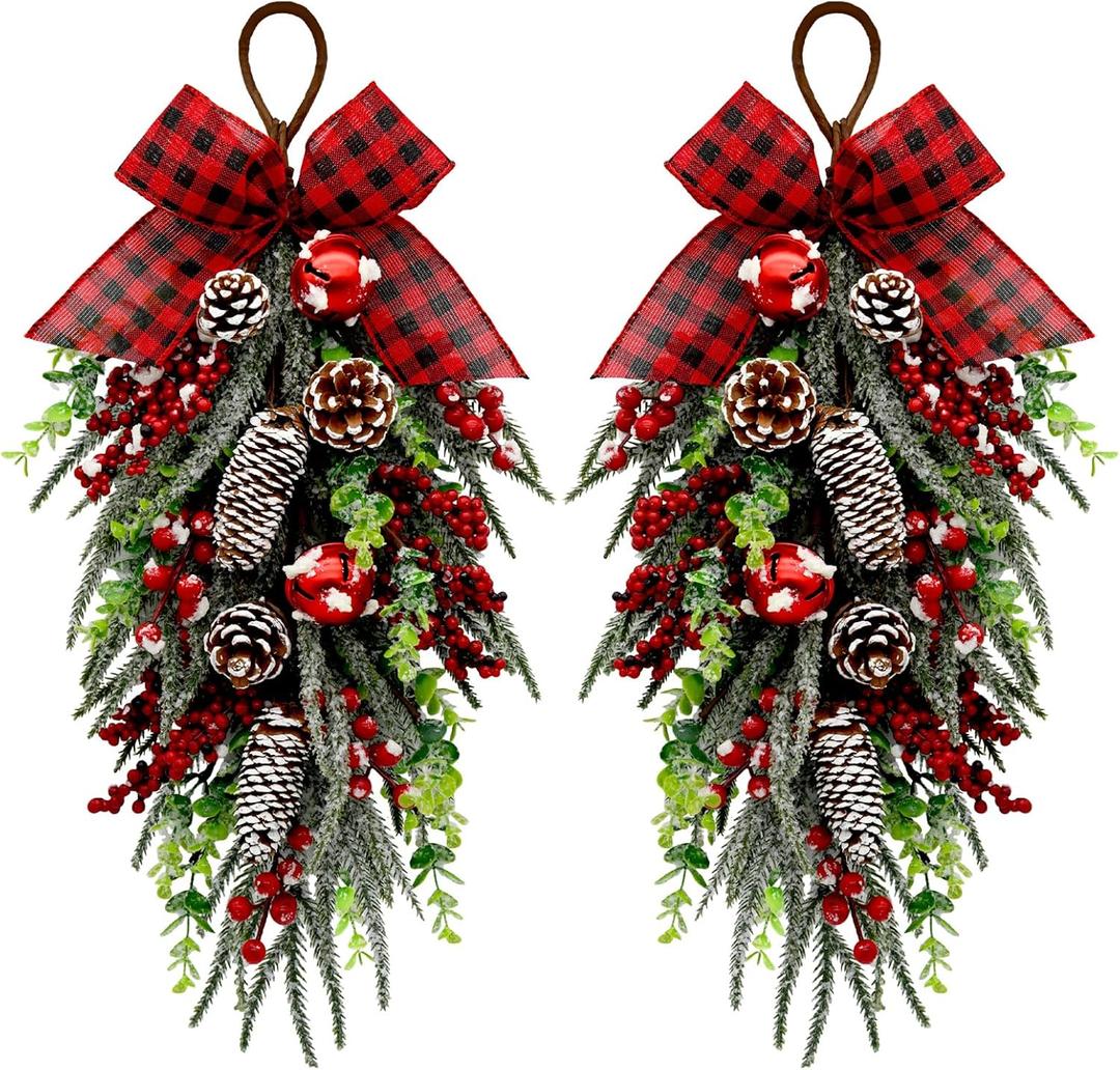 Christmas Teardrop Swag Decorations, Christmas Teardrop Wreath Artificial Bells Pinecones Berries Hanging Decor, Red Checked Bow Swag Decorations for Front Door Mantle Wall Indoor Home Decor