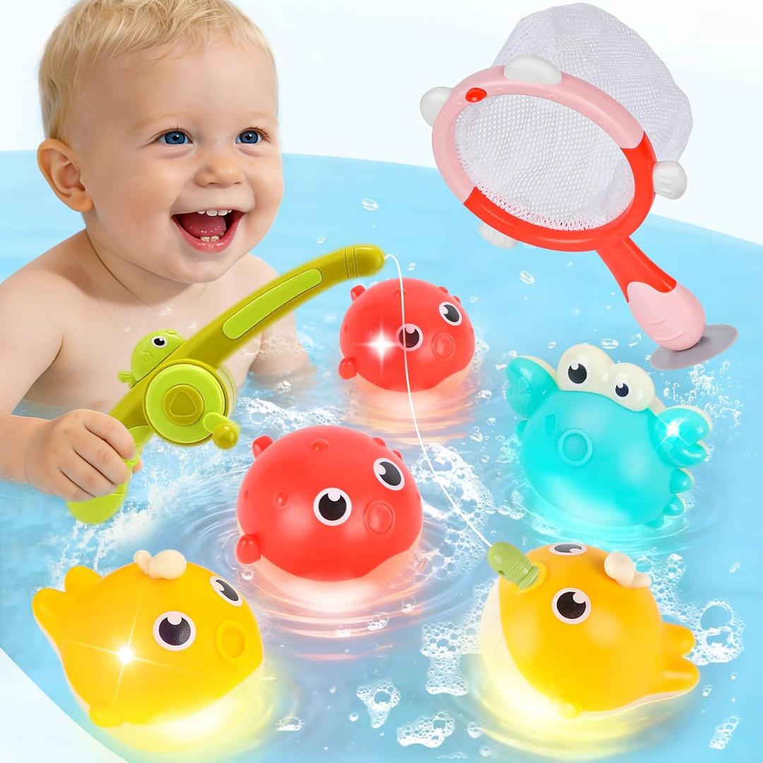 Light Up Toddler Bath Toys for Kids Ages 1- 3,7PC No Holes Baby Shower Bath Toys Set,Fun Magnetic Fishing Game Bathtub Toy,Birthday for Baby Boys Girls 1 2 3 4 5 6 Old Year