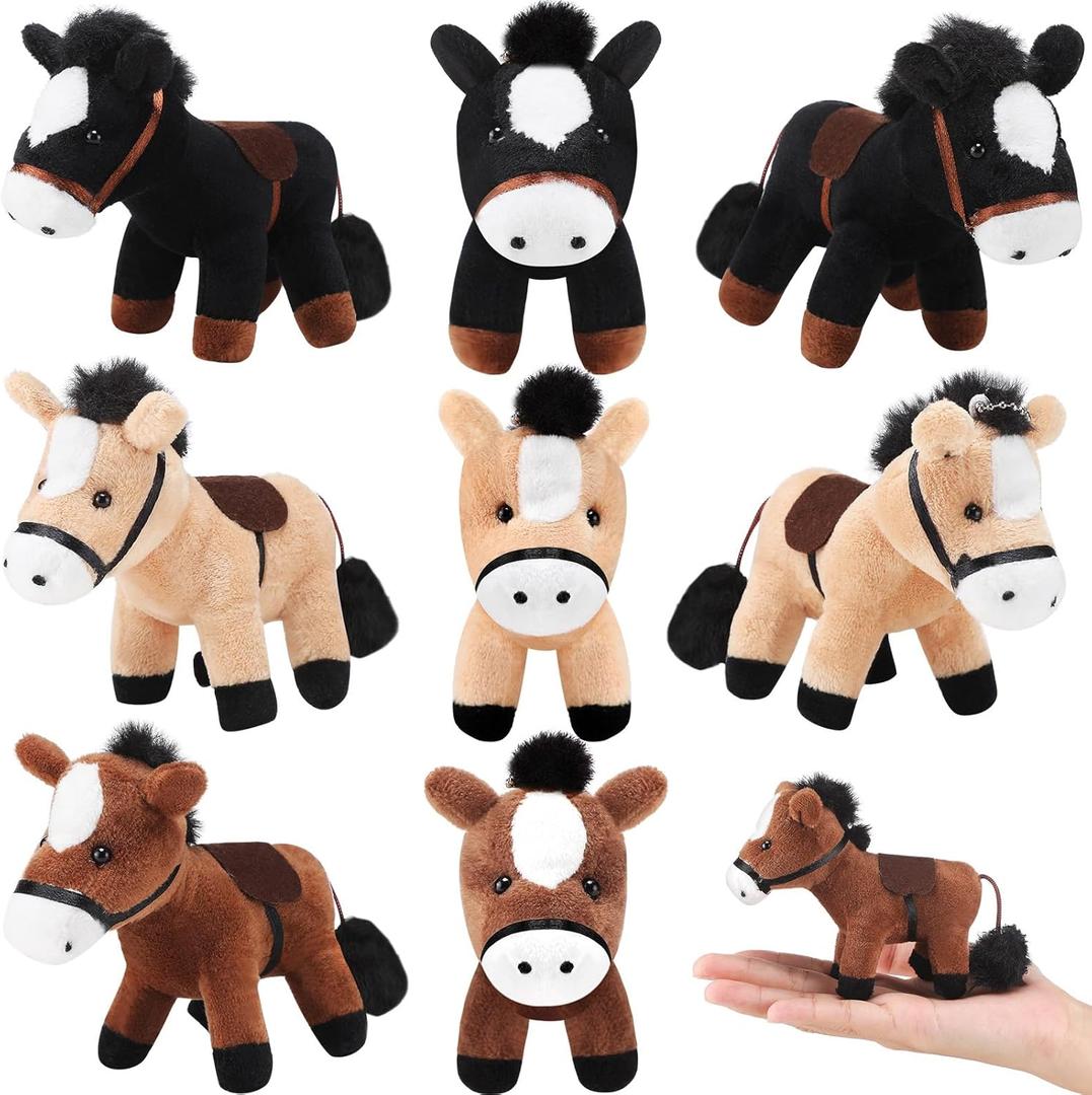 Zomiboo 9 Pack Horse Stuffed Animals Plush Toy Standing Stuffed Horse 4 Inch Mini Plush with Detachable Chain for Animal Theme Party Birthday Decoration Supplies(Vivid Style)