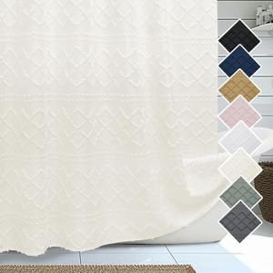Lecloud Beige Fabric Shower Curtain 72 x 78 Inches, Boho Farmhouse Minimalist Jacquard Plaid Striped Tufted Textured Bathroom Shower Curtain Set for Hotel