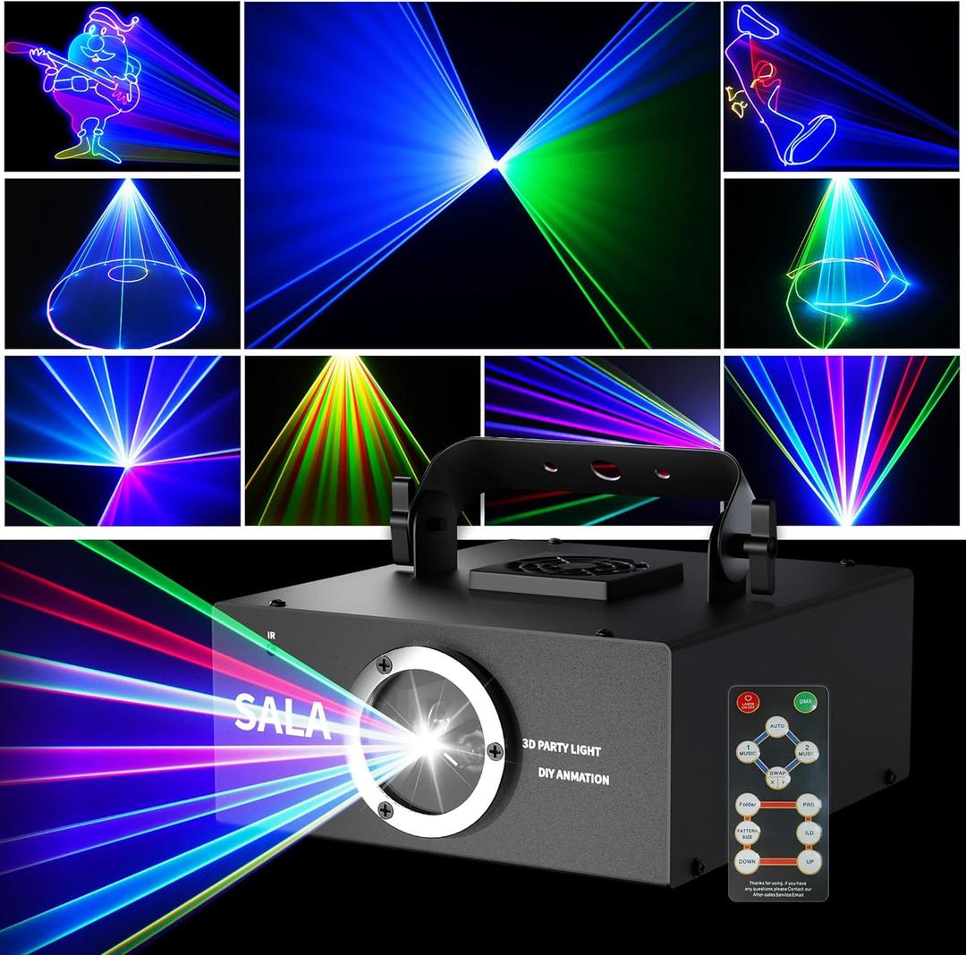DJ Laser Light for Party, 3D Animation Loop, Full RGB Color, Sound Activated, Beam Effect, DMX512, Ideal for DJ Disco Stage Karaoke Halloween Christmas