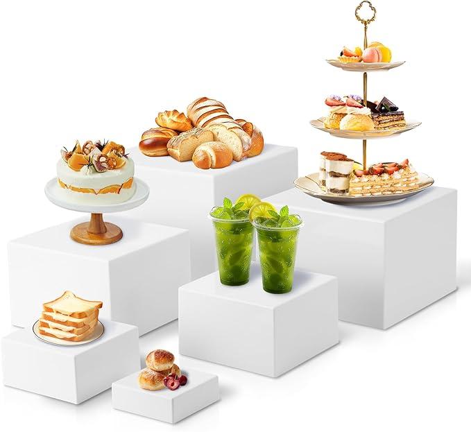 Cube Display Stands, 6PCS Multi Size Stackable Plastic Cake Stand Boxes with Sturdy Design for Dessert Collectibles Statues Storage (White)