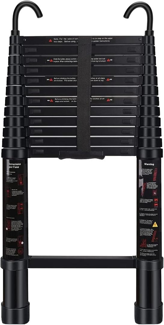 Telescoping Ladder 15 FT - Aluminum Telescopic Ladder with Hooks - Folding Extension Ladders for Home Work Loft Roof Attic RV Ladder with EN131 Certification - 330lbs Max Capacity (Black) (Black-15FT (Hook), Black)