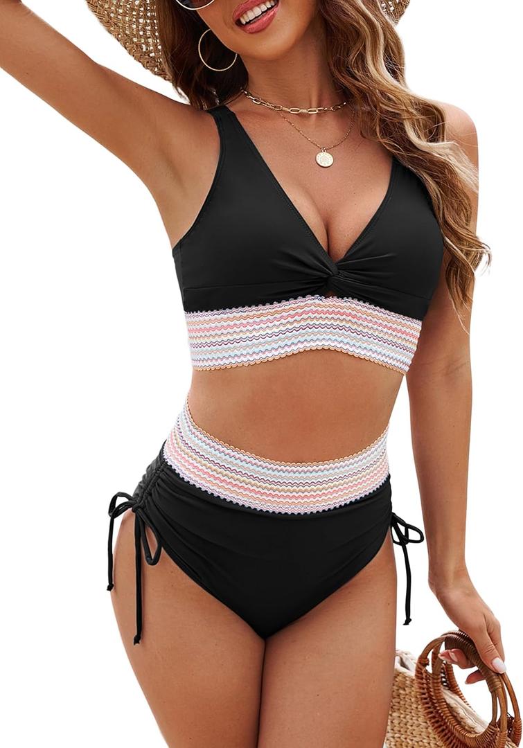 Edelqual Women High Waisted Bikini Sets Tummy Control Swimsuits Two Piece Bathing Swim Suits Summer Beach Swimwear (Large, Black)