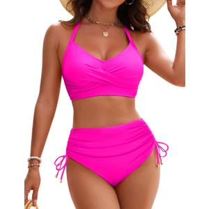 Blooming Jelly Womens High Waisted Bikini Sets Drawstring Tummy Control Swimsuits Crisscross Tie Back Bathing Suit (Large, Hot Pink)