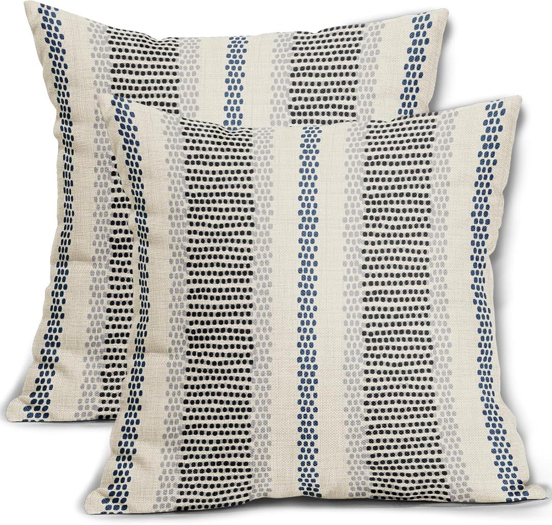 Black Blue Pillow Covers 18x18 Set of 2 Gray Grey Dot Striped Decorative Outdoor Pillowcases Boho Rustic Throw Cushion Case Decor for Couch Sofa Bed