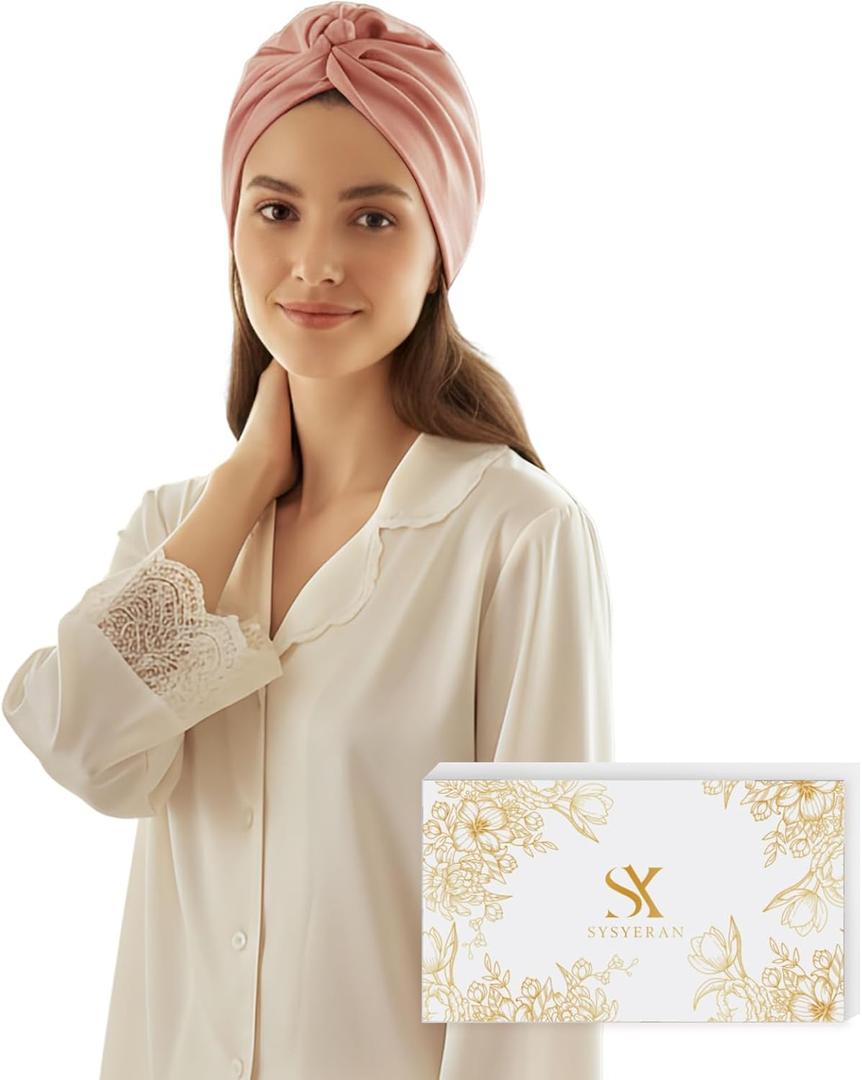 100% Mulberry Silk Bonnet for Sleeping, Adjustable Tie Closure for Women, Breathable Hair Wrap for Hair Protection (Rose Gold)