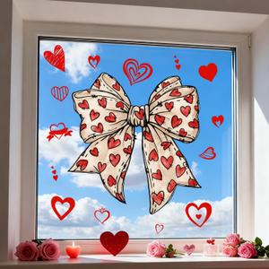 2 Sheets Valentine's Day Window Clings Romantic Red Heart & Bow Designs Happy Valentine's Day Decor Electrostatic Windows Stickers Decals for Home Holiday Party or Office Decorations