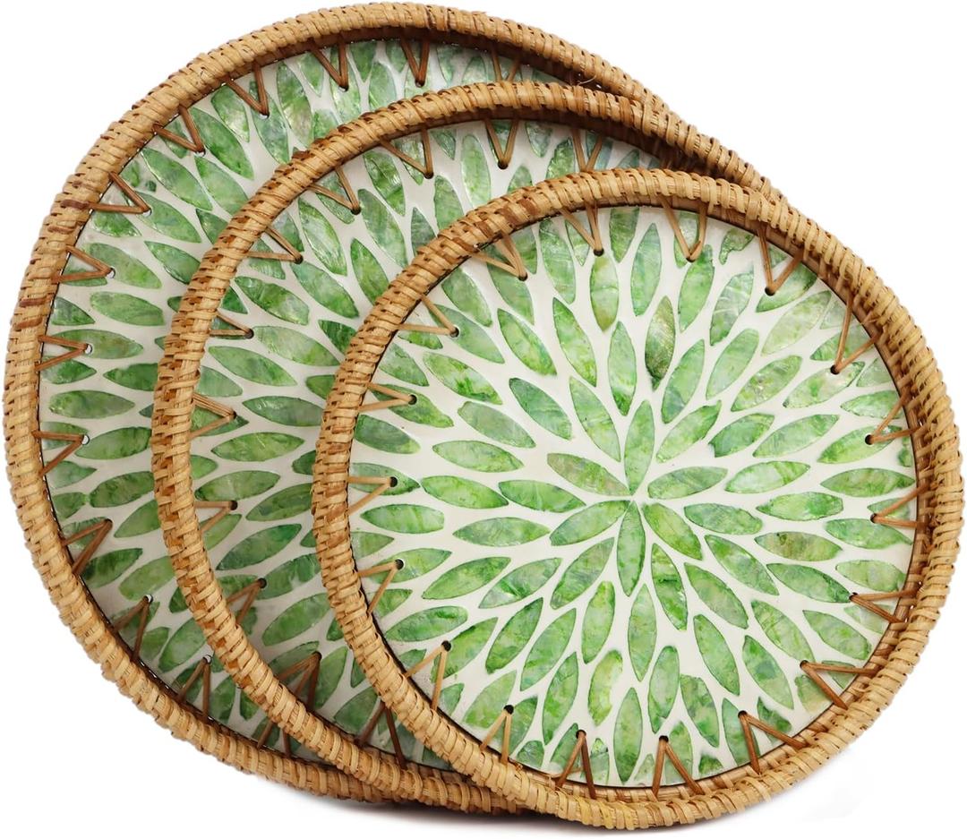 Set of 3 Rattan Tray with Mother of Pearl Inlay, Round Serving Trays for Coffee Table, Decorative Wicker Woven Ottoman Tray for Table Home Decor, Kitchen, Coffee, Bread, Fruits