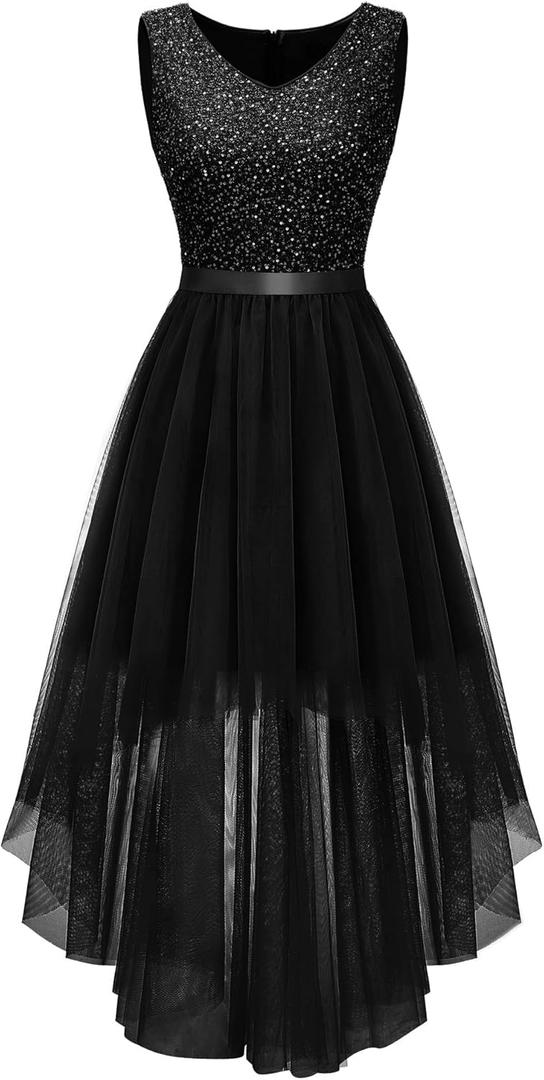 BeryLove Long Sequin Dress for Woman High Low Vintage A Line Wedding Formal Swing Mesh Dress S003 Black S