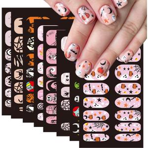8 x 8 Sheets Halloween Nail Wraps Stickers DIY Self-Adhesive Nail Art Decals Full Wraps with Pumpkin Bat Spider Skull Designs Halloween Decals Manicure Decor for Women Nail Accessories (Halloween Style 2)