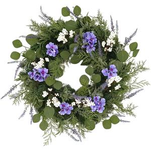 24 Inches Artificial Floral Wreath + 2 Extra Spray! Lavender, Purple Hydrangea, White Berries and Greenery! Blue and White Wreath