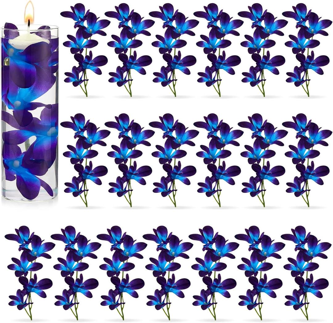 24 Pieces Blue Purple Faux Flowers Blue Orchid Flower Vase Fillers Faux Purple Orchid Wedding Table Centerpieces Filling for Floating Candles Wedding Birthday Party Table Decorations