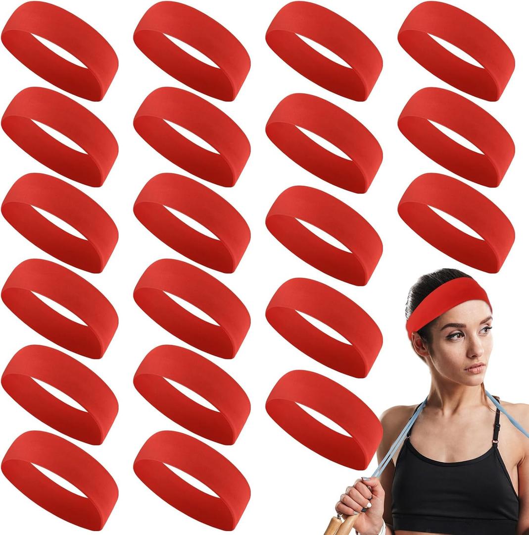 Hotop 20 Pcs Sport Stretchy Headbands for Girls Women Non Slip Soft Fabric Elastic Headband Bulk for Yoga DIY Team Gifts (Red)