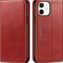 SHIELDON Wallet Case for iPhone 12 Pro 6.1", Genuine Leather Folio Case Kickstand and RFID Blocking Credit Card Slots Magnetic Closure Compatible with iPhone 12/12 Pro - Retro Red